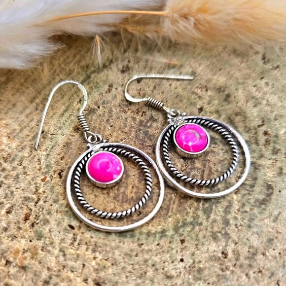 Hot Pink Stone Double Loops 925 Earring - Picture 8 of 10